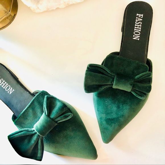 ASOS Shoes - FASHION Emerald Green Velvet Bow Mule Flats Slides